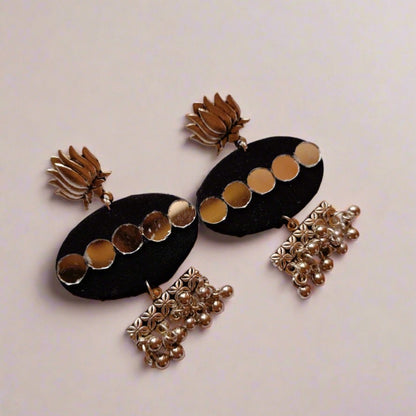 Plain Black Mirror And Silver Ghungroo Earrings | Verified Sustainable by Brown Living™