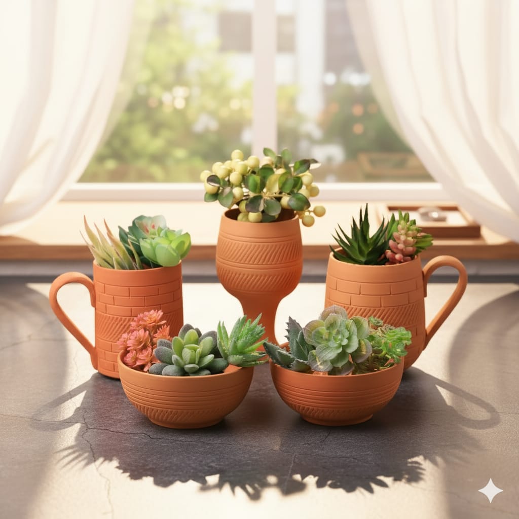 Planter Set of 5 –Coffee Mug & Bowl Ceramic Indoor & Outdoor Planters – Home & Garden on Brown Living™. SKU: PL13-5. Img 4.