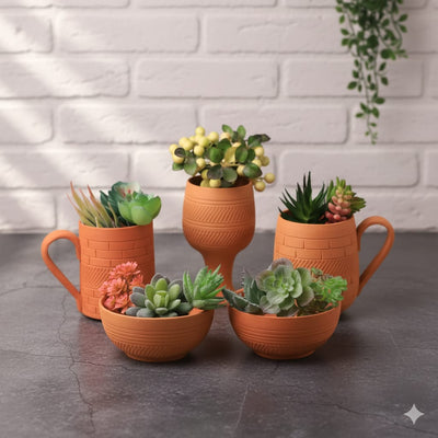 Planter Set of 5 –Coffee Mug & Bowl Ceramic Indoor & Outdoor Planters – Home & Garden on Brown Living™. SKU: PL13-5. Img 3.