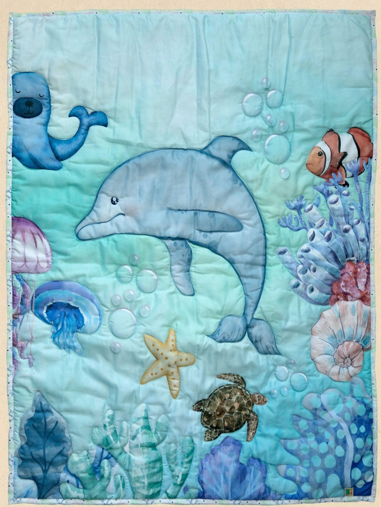 Playful Dolphin Quilt Soft Kids Bedding Blanket – Play Mats on Brown Living™. SKU: QLTDOLPHIN. Img 1.