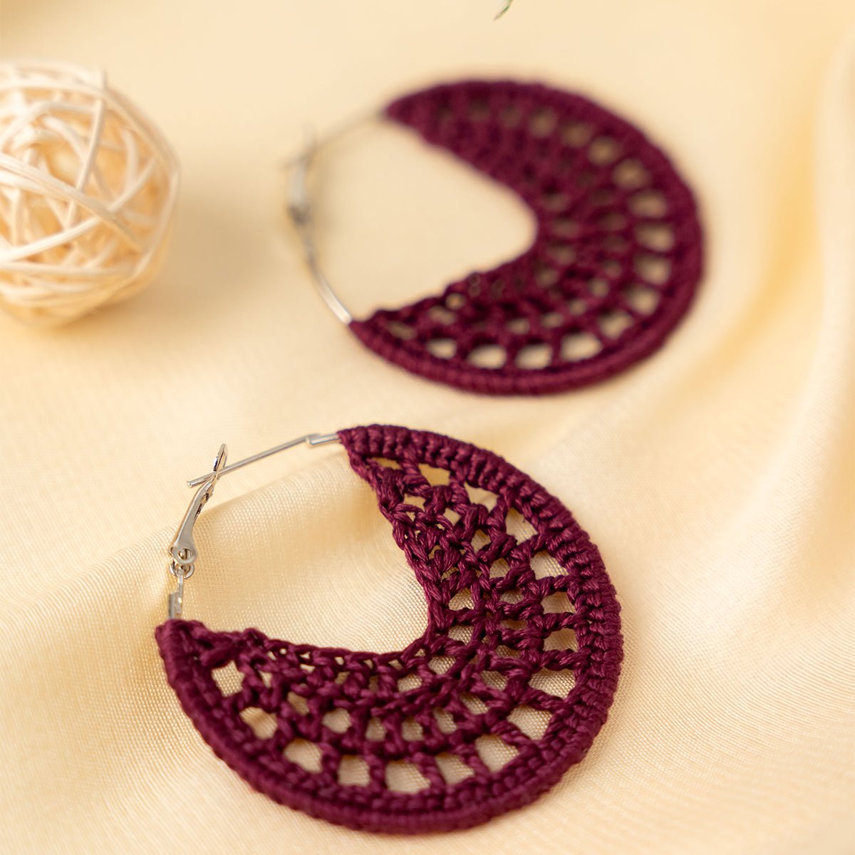 Plum Mojito Earrings | Hand Crochet Violet Hoop Earrings – Jewellery on Brown Living™. SKU: AM-EAR-PlumMojito. Img 1.