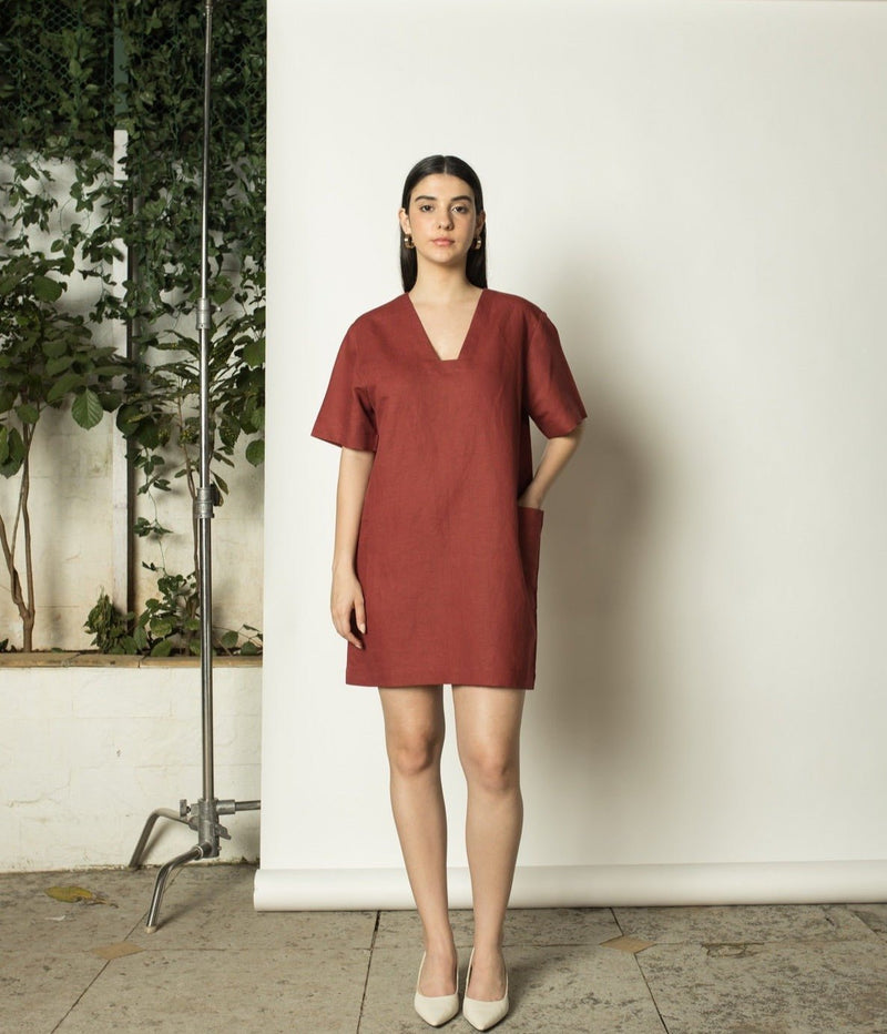 Plunge-Neck Shift hemp Cotton Dress | Verified Sustainable Womens Dress on Brown Living™