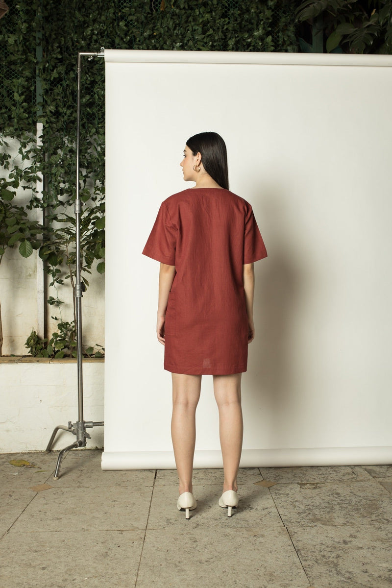 Plunge-Neck Shift hemp Cotton Dress | Verified Sustainable Womens Dress on Brown Living™