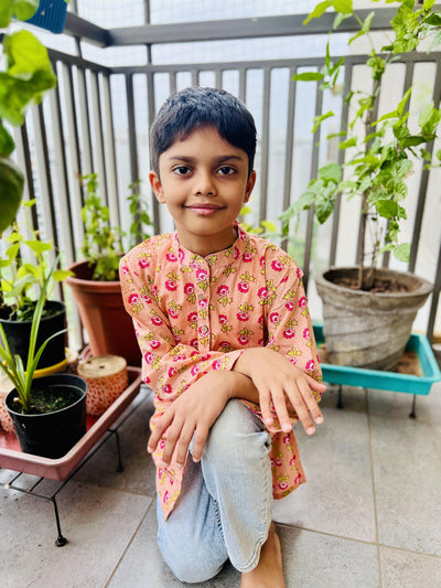 Pocket Full of Roses Kurta Set I Peach Printed Ethnic Cotton Kurta Set – Kids Ethnic Sets on Brown Living™. SKU: ZBPFRA. Img 2.