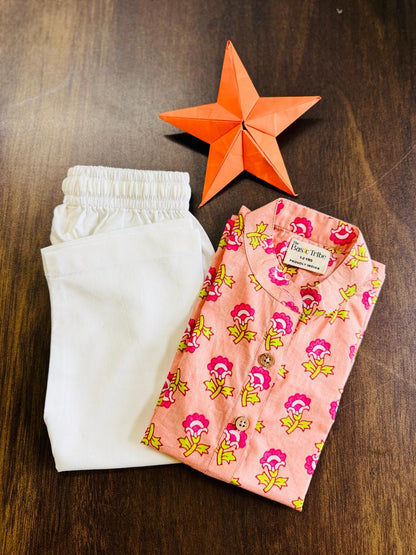 Pocket Full of Roses Kurta Set I Peach Printed Ethnic Cotton Kurta Set – Kids Ethnic Sets on Brown Living™. SKU: ZBPFRA. Img 1.