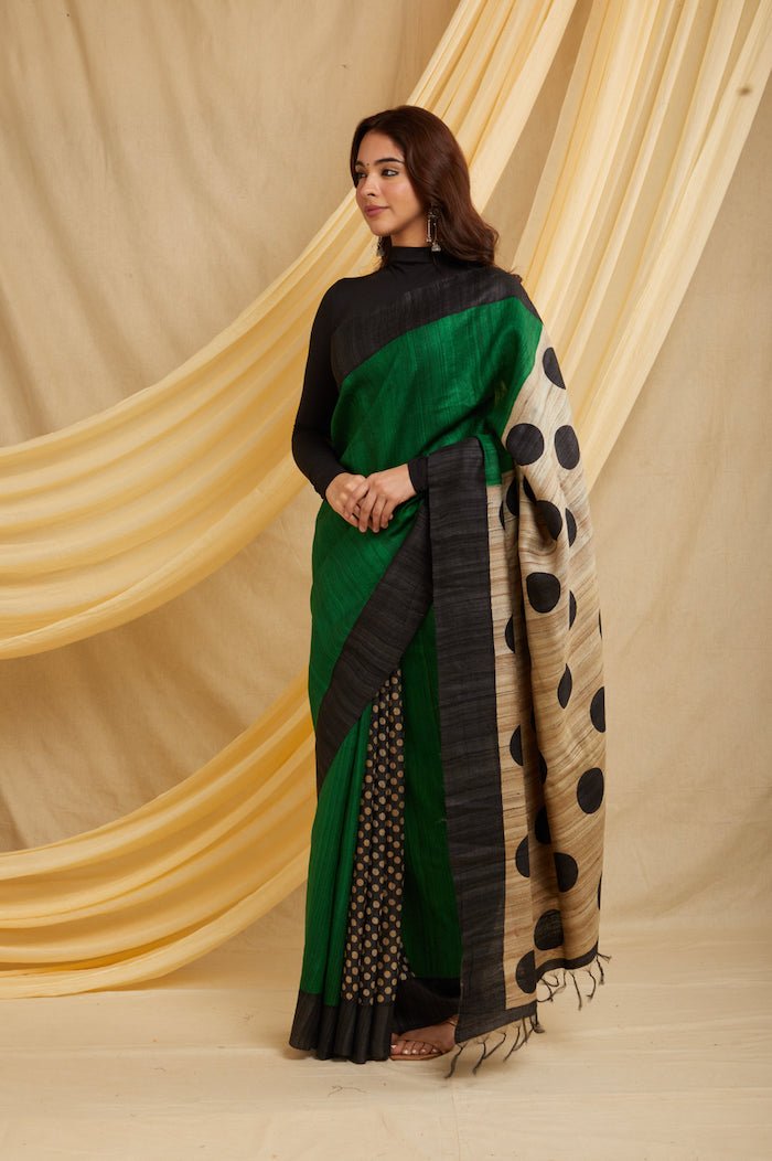 Polka Dotted 100% Natural Ahimsa Tussar Peace Silk Saree – Womens Saree on Brown Living™. SKU: NAESA08. Img 2.