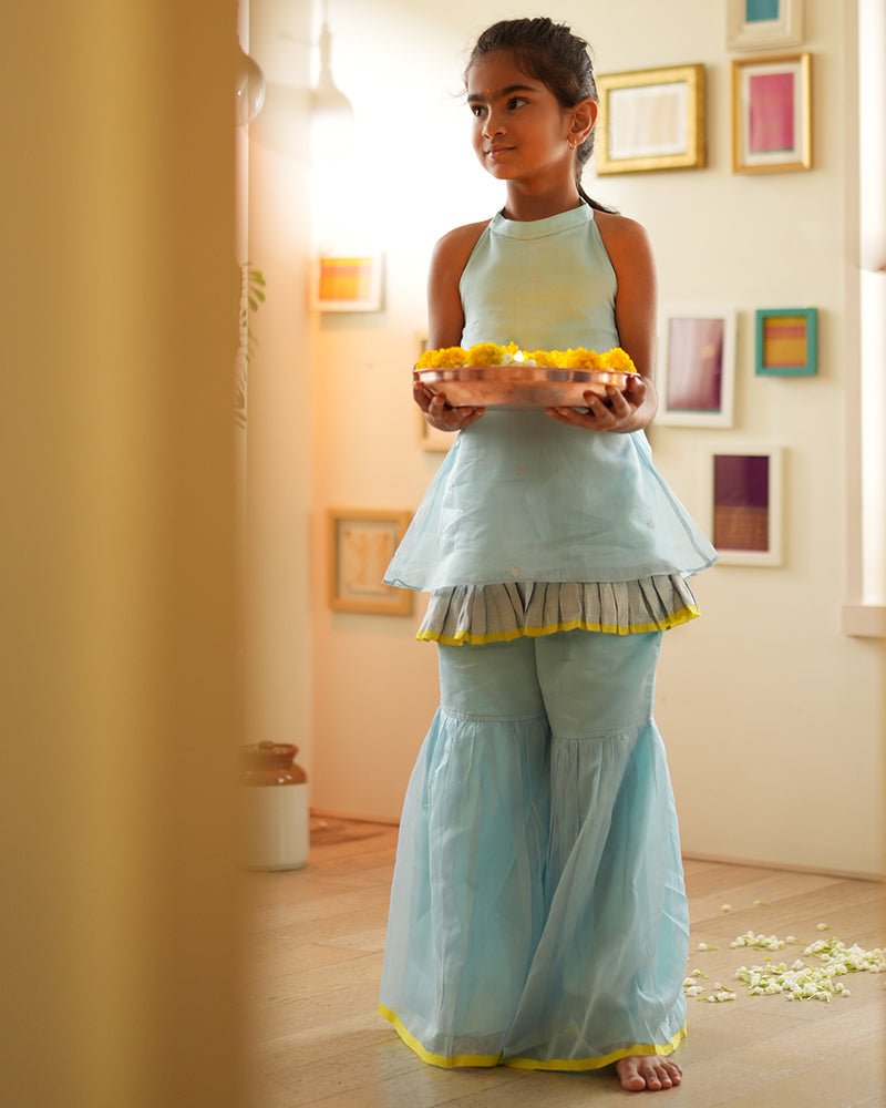 Poppy Sharara Kurta Set in Light Blue and Yellow –Elegant Festive Wear – Kids Ethnic Sets on Brown Living™. SKU: C35G4BS12. Img 1.