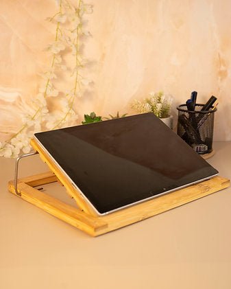 Portable Wooden Laptop Stand | Ergonomic Foldable Laptop Holder – Organisers on Brown Living™. SKU: ANTPWLSLAG. Img 4.