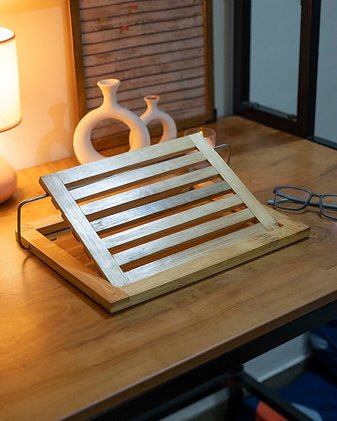 Portable Wooden Laptop Stand | Ergonomic Foldable Laptop Holder – Organisers on Brown Living™. SKU: ANTPWLSLAG. Img 5.