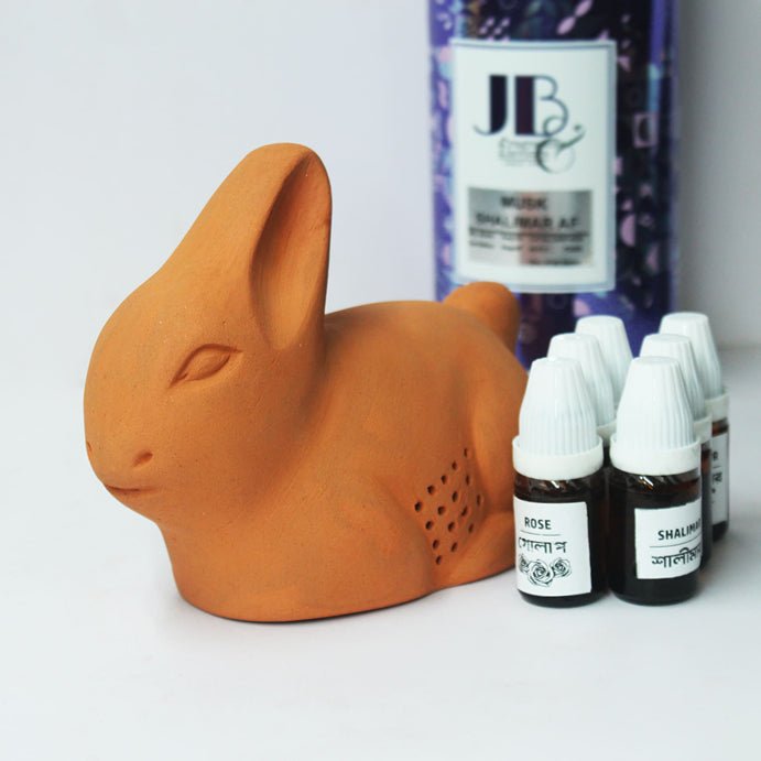 Porus Terracotta Rabbit Air Aroma Diffuser for Indoor Table Top | Set of 1 Rabbit + 6 Perfumes 10 ml Each | Verified Sustainable by Brown Living™