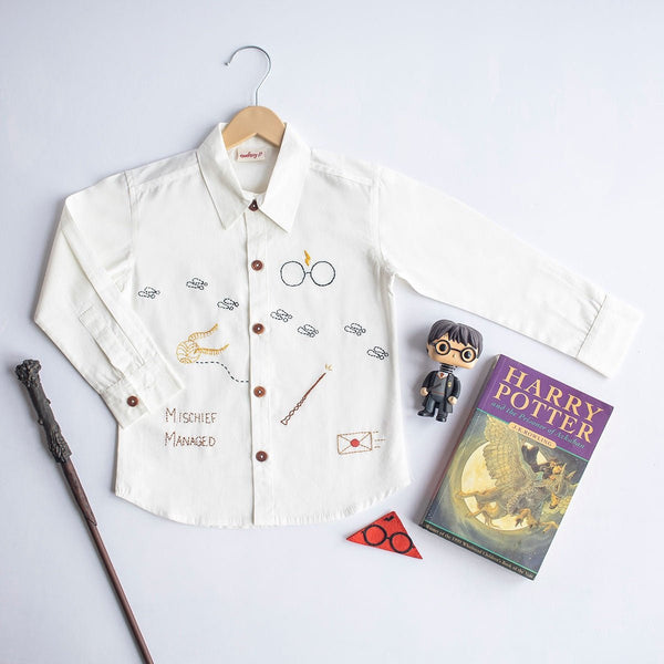 Potter-Magic Embroidered Unisex Organic Cotton Shirt- White | Verified Sustainable Kids Shirts on Brown Living™