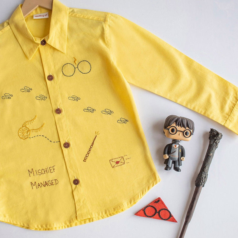 Potter-Magic Embroidered Unisex Organic Cotton Shirt- Yellow | Verified Sustainable Kids Shirts on Brown Living™