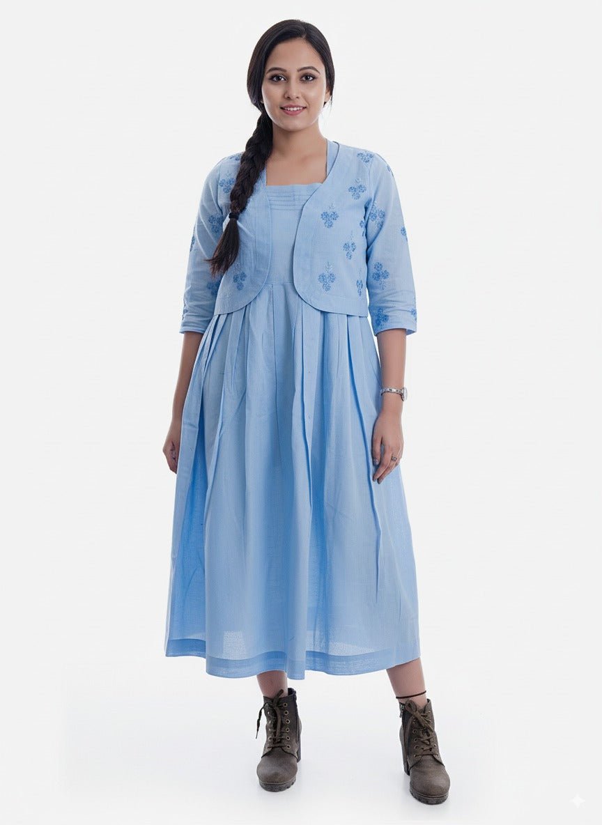 Powder Blue Organic Cotton Dress with Embroidered Jacket – Womens Dress on Brown Living™. SKU: S02003. Img 1.