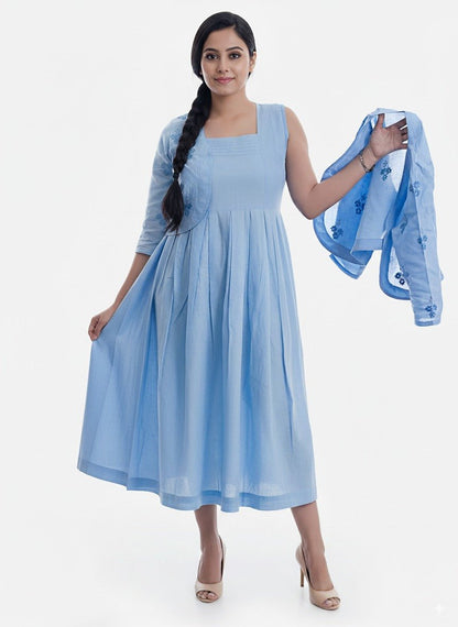 Powder Blue Organic Cotton Dress with Embroidered Jacket – Womens Dress on Brown Living™. SKU: S02003_S_. Img 2.