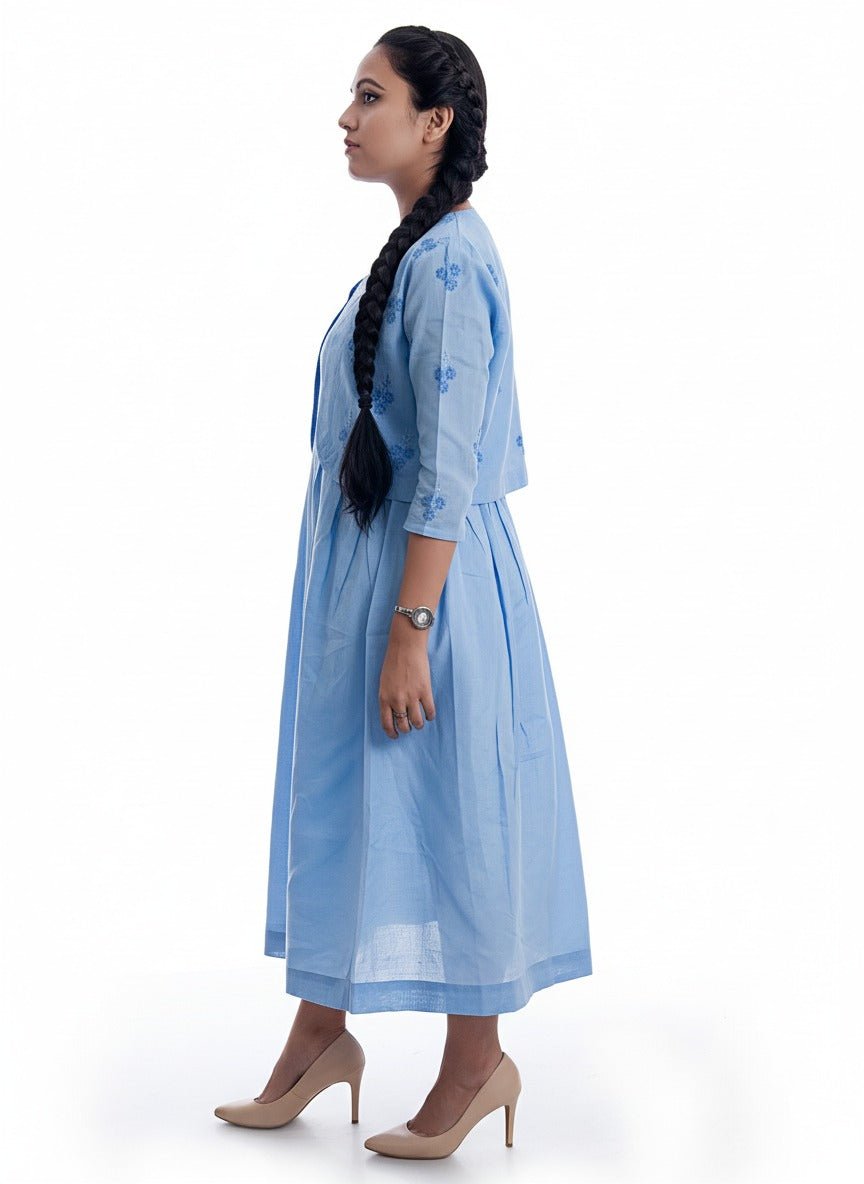 Powder Blue Organic Cotton Dress with Embroidered Jacket – Womens Dress on Brown Living™. SKU: S02003_S_. Img 3.