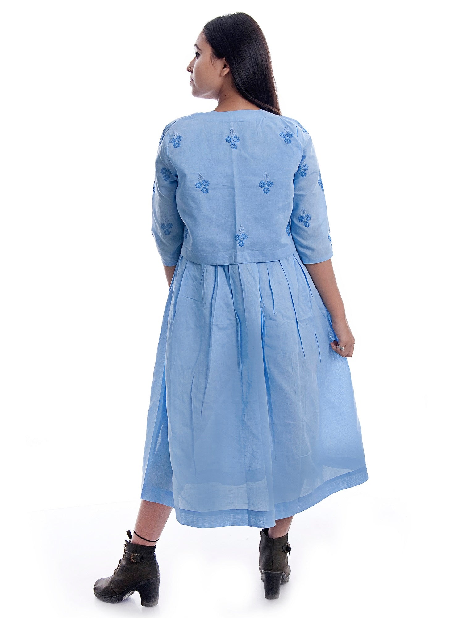 Powder Blue Organic Cotton Dress with Embroidered Jacket – Womens Dress on Brown Living™. SKU: S02003_S_. Img 4.