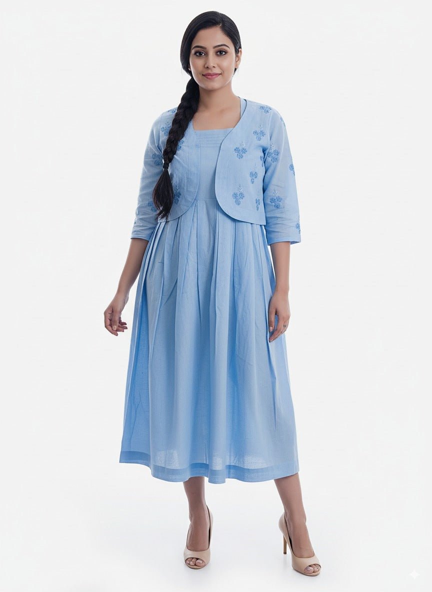 Powder Blue Organic Cotton Dress with Embroidered Jacket – Womens Dress on Brown Living™. SKU: S02003_XL. Img 5.