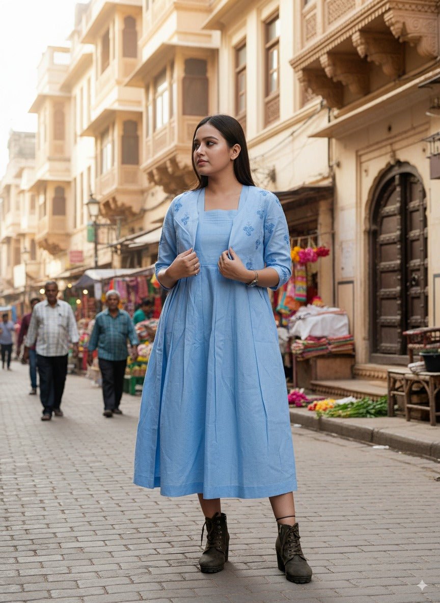 Powder Blue Organic Cotton Dress with Embroidered Jacket – Womens Dress on Brown Living™. SKU: S02003_XL. Img 6.