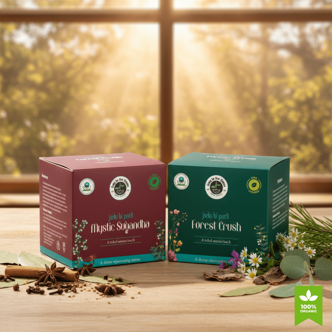 Premium Botanical Car Aroma Potli | Mystic Sugandha & Forest Crush – Fragrance Diffusers on Brown Living™. SKU: BLP2001-MSFC. Img 1.