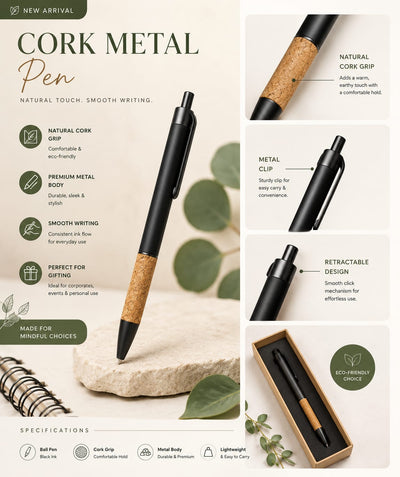 Premium Cork & Metal Ball Pen | Eco-Friendly Executive Pen – Pens on Brown Living™. SKU: BRC-CMP-01. Img 2.