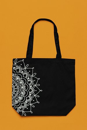 Premium Cotton Canvas Tote Bag - Half Mandala Black | Verified Sustainable by Brown Living™