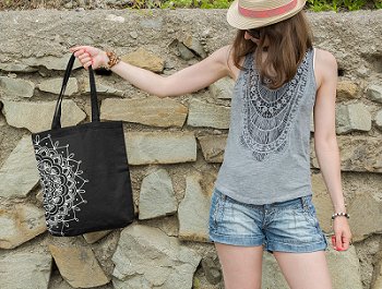 Premium Cotton Canvas Tote Bag - Half Mandala Black | Verified Sustainable by Brown Living™