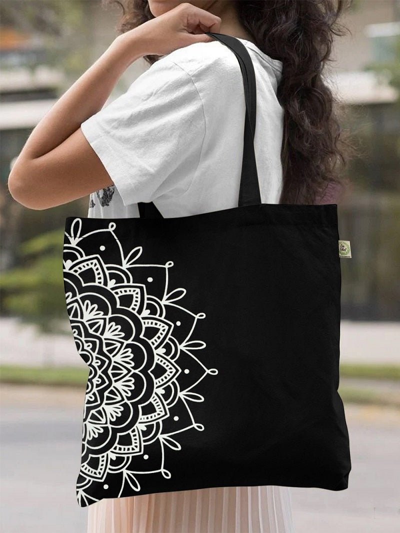 Premium Cotton Canvas Tote Bag - Half Mandala Black | Verified Sustainable by Brown Living™