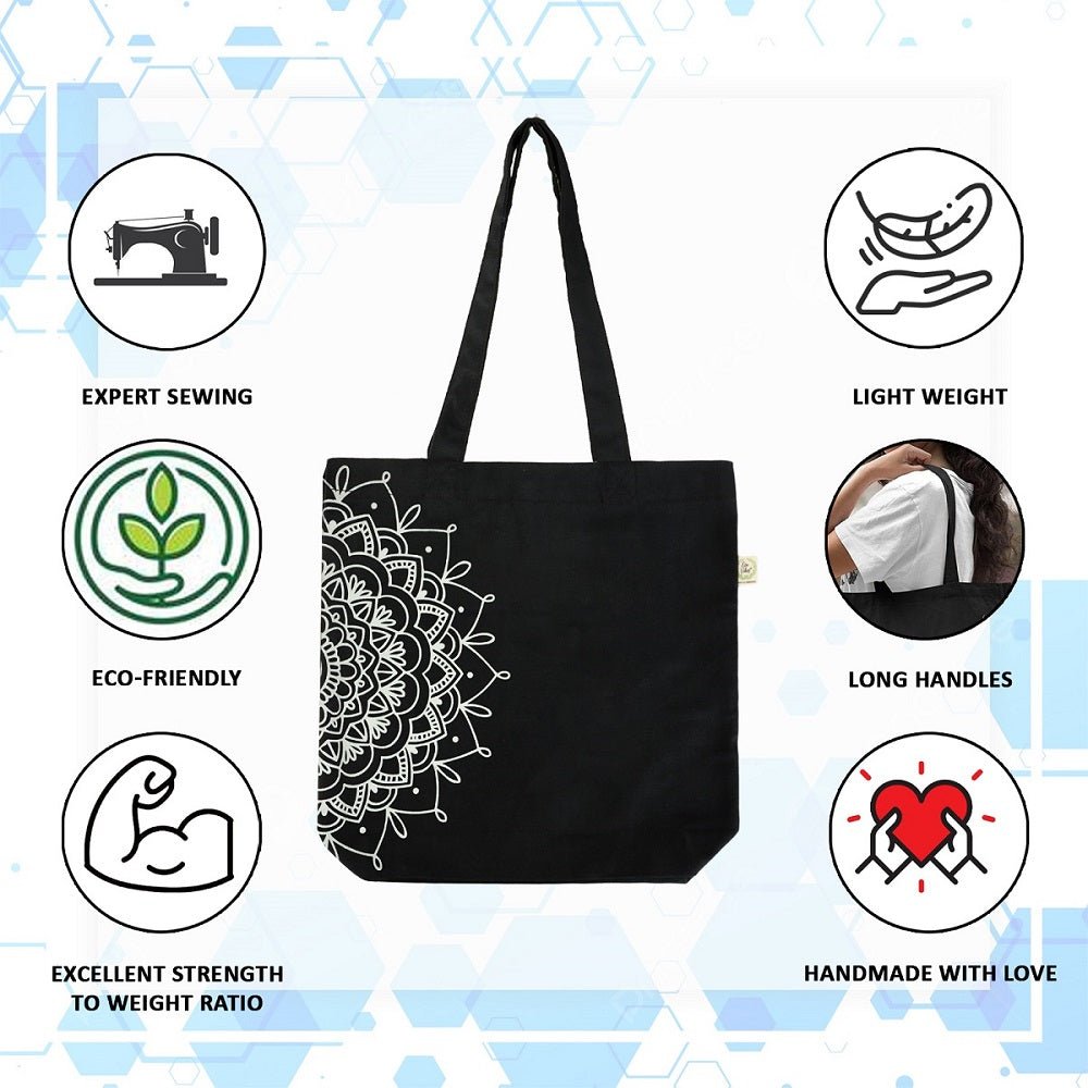 Premium Cotton Canvas Tote Bag - Half Mandala Black | Verified Sustainable by Brown Living™