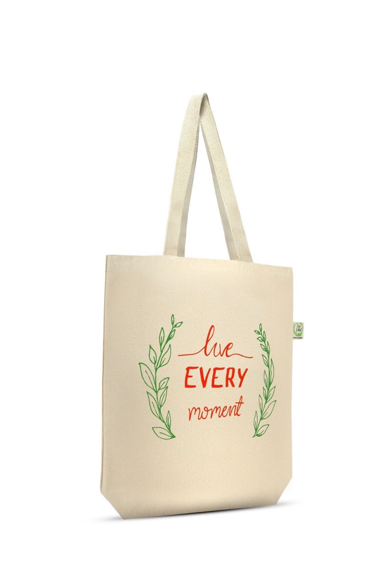 Premium Cotton Canvas Tote Bag - Live Every Moment White | Verified Sustainable Tote Bag on Brown Living™