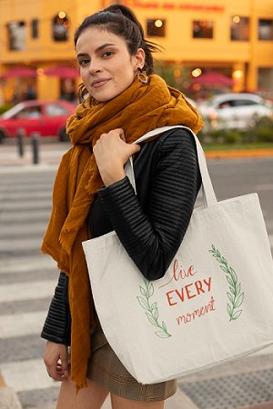 Premium Cotton Canvas Tote Bag - Live Every Moment White | Verified Sustainable Tote Bag on Brown Living™