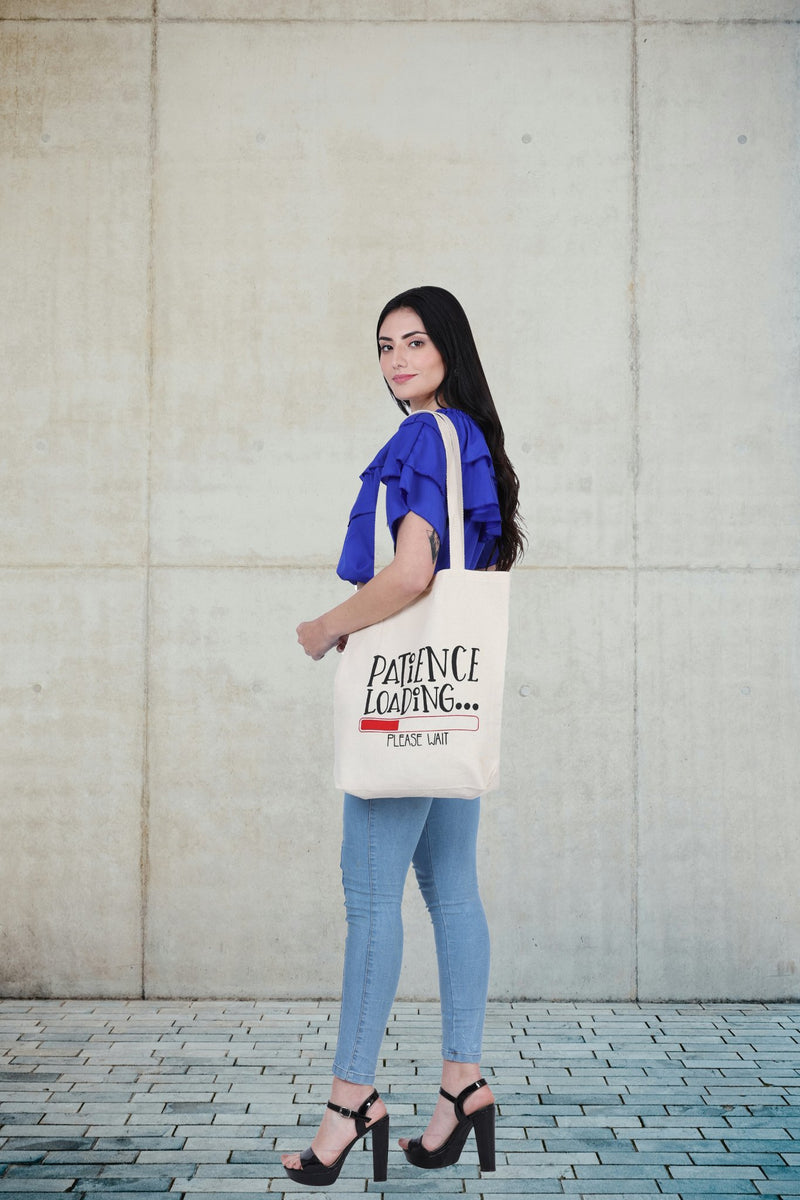 Premium Cotton Canvas Tote Bag- Patience Loading White | Verified Sustainable Tote Bag on Brown Living™
