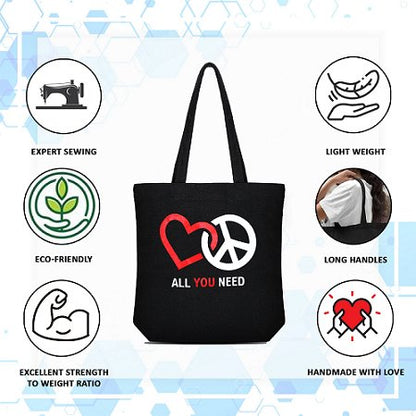 Premium Cotton Canvas Tote Bag - Peace & Love Black | Verified Sustainable by Brown Living™