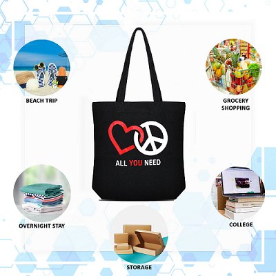 Premium Cotton Canvas Tote Bag - Peace & Love Black | Verified Sustainable by Brown Living™