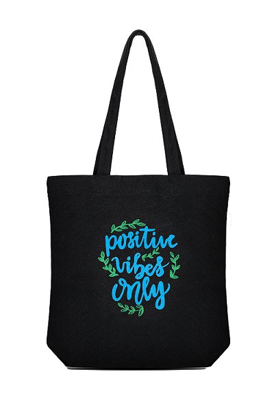 Premium Cotton Canvas Tote Bag - Positive Vibes Black | Verified Sustainable by Brown Living™