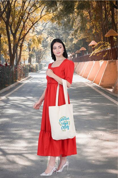 Premium Cotton Canvas Tote Bag - Positive Vibes White | Verified Sustainable by Brown Living™