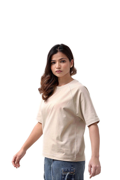 Premium Organic Cotton Tee for Women | Soft Everyday T-Shirt – Womens T-Shirt on Brown Living™. SKU: W-RAGLAN-BEG-XS1. Img 2.