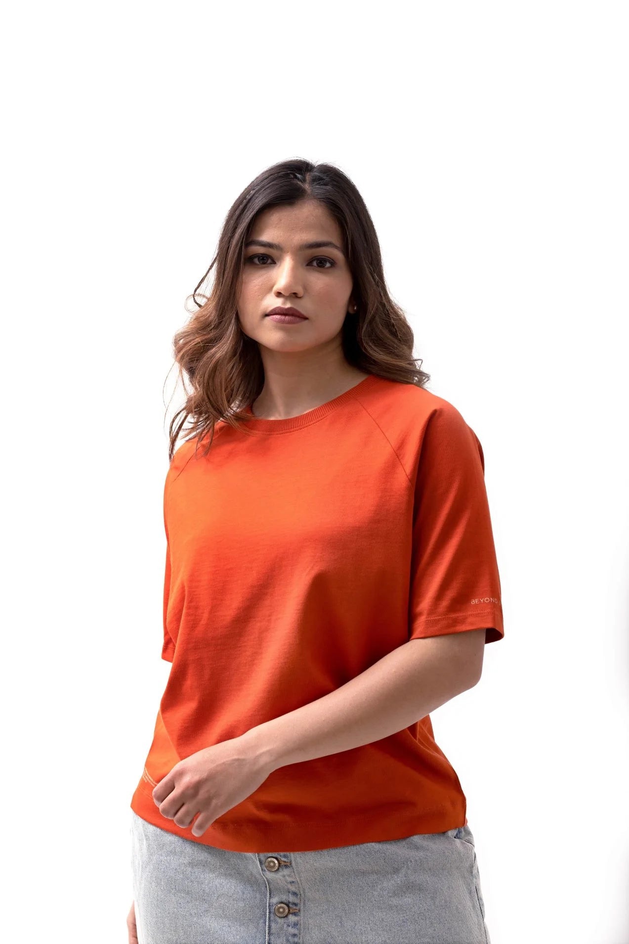 Premium Organic Cotton Tee for Women | Soft Everyday T-Shirt – Womens T-Shirt on Brown Living™. SKU: W-RAGLAN-RED-M1. Img 6.