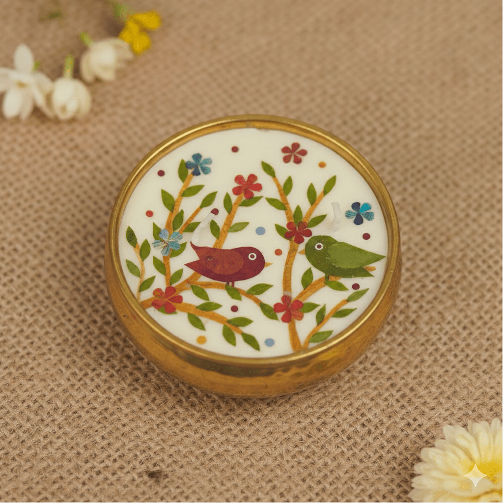 Pressed Flower Birds Theme Brass Urli Diya | Decorative Brass Diya – Home Decor on Brown Living™. SKU: GRBR01. Img 1.