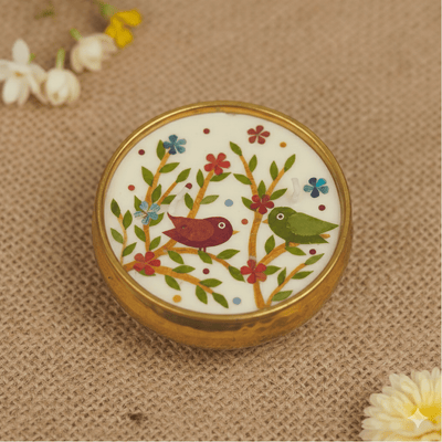 Pressed Flower Birds Theme Brass Urli Diya | Decorative Brass Diya – Home Decor on Brown Living™. SKU: GRBR01. Img 1.