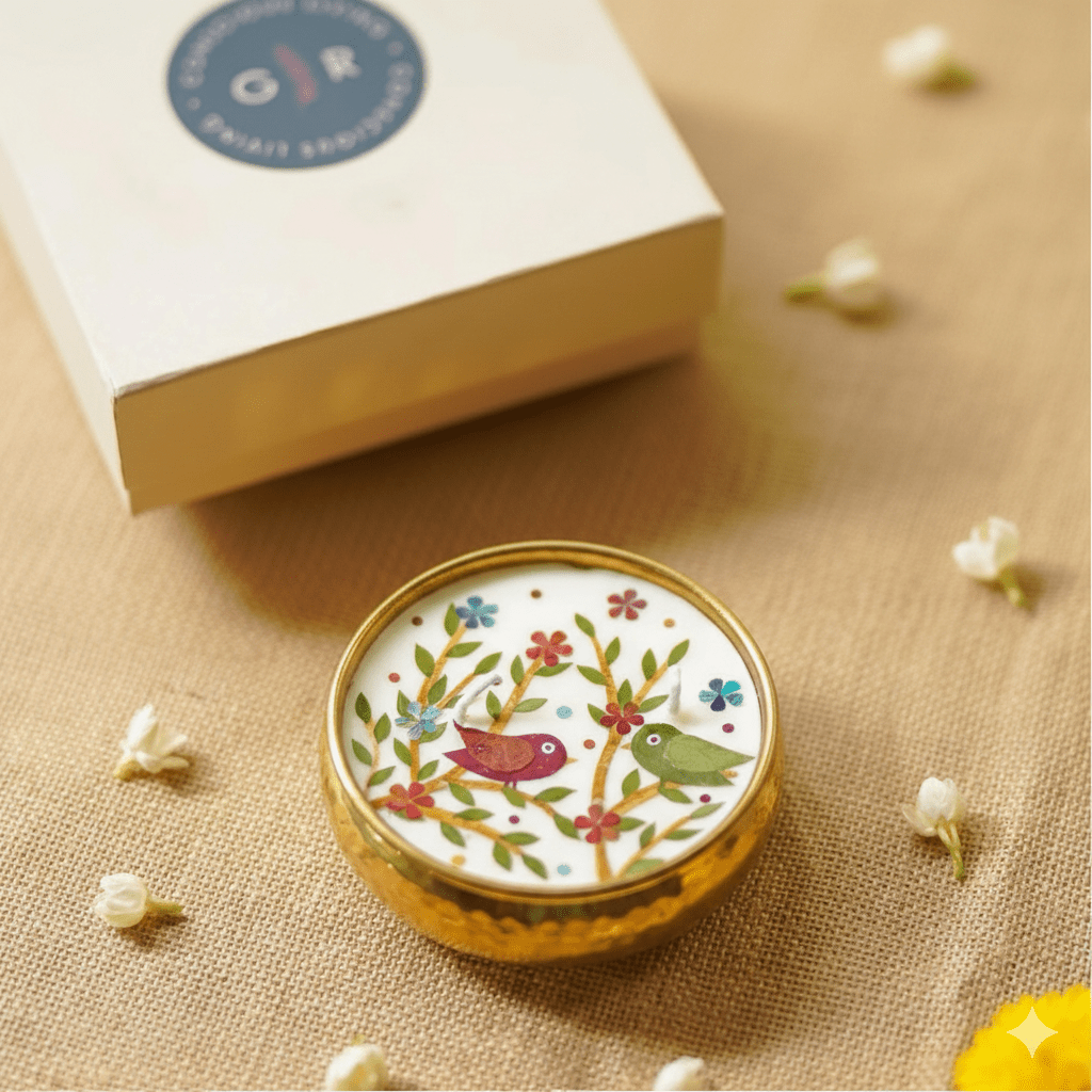 Pressed Flower Birds Theme Brass Urli Diya | Decorative Brass Diya – Home Decor on Brown Living™. SKU: GRBR01. Img 3.