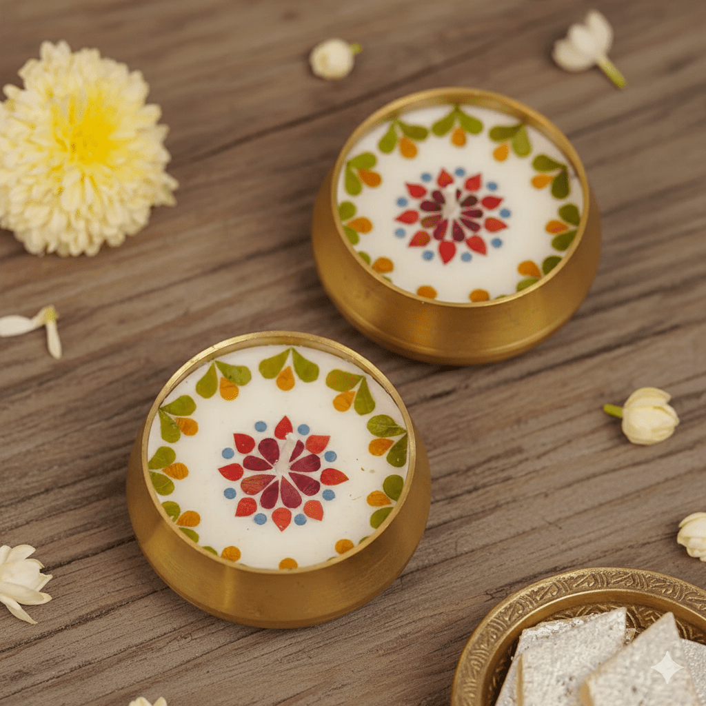 Pressed Flower Brass Urli Diyas Set of 2 | Decorative Brass Lamps – Candles & Fragrances on Brown Living™. SKU: tgr2026. Img 1.