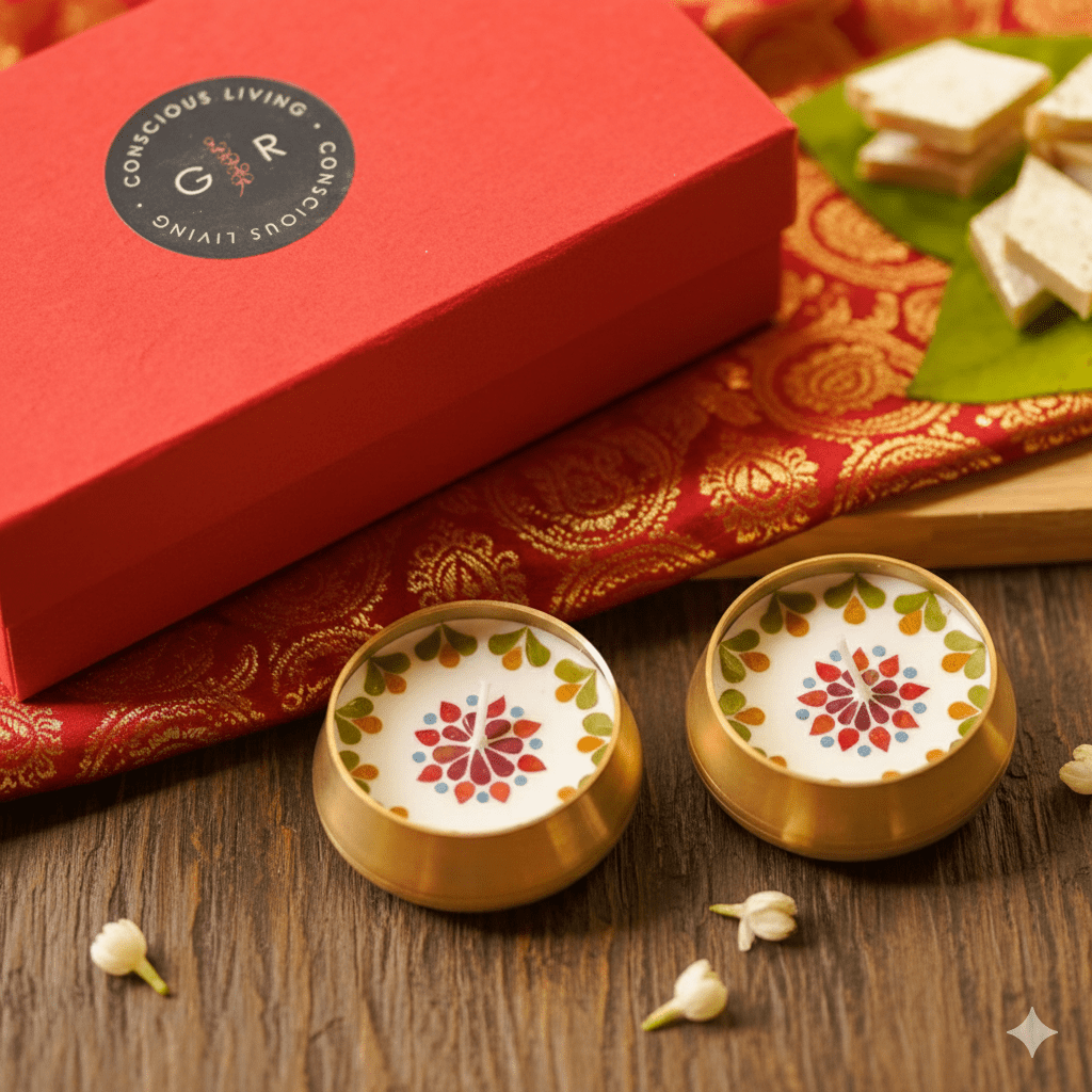 Pressed Flower Brass Urli Diyas Set of 2 | Decorative Brass Lamps – Candles & Fragrances on Brown Living™. SKU: tgr2026. Img 3.