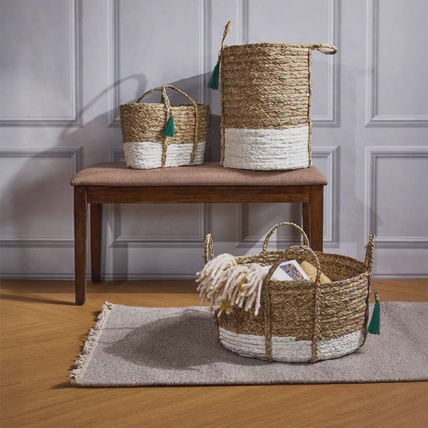Seagrass Anthro Green Tassel Basket – Handwoven Eco Storage Basket