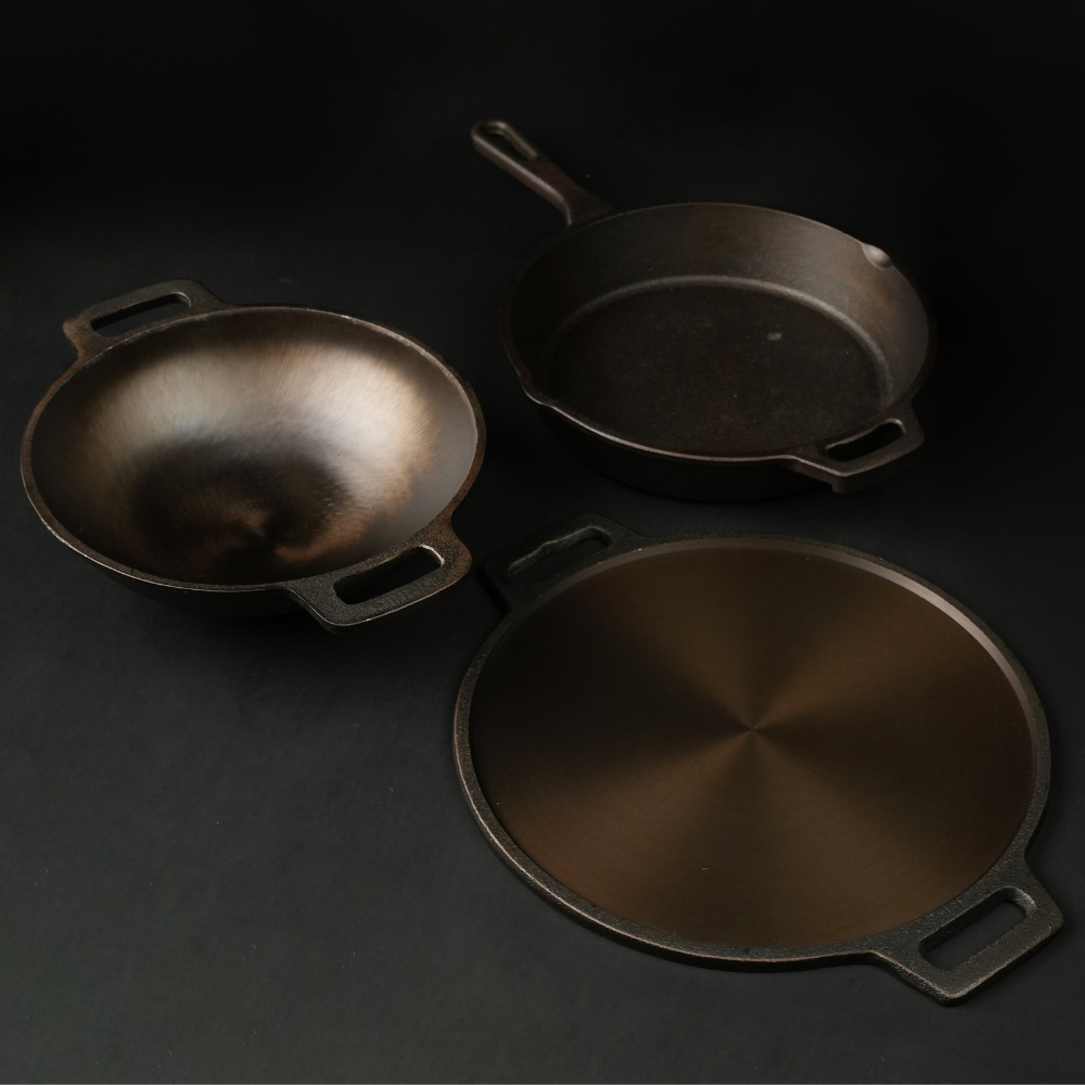 Handmade Cast Iron Combo (Kadai + Dosa Tawa + Skillet)