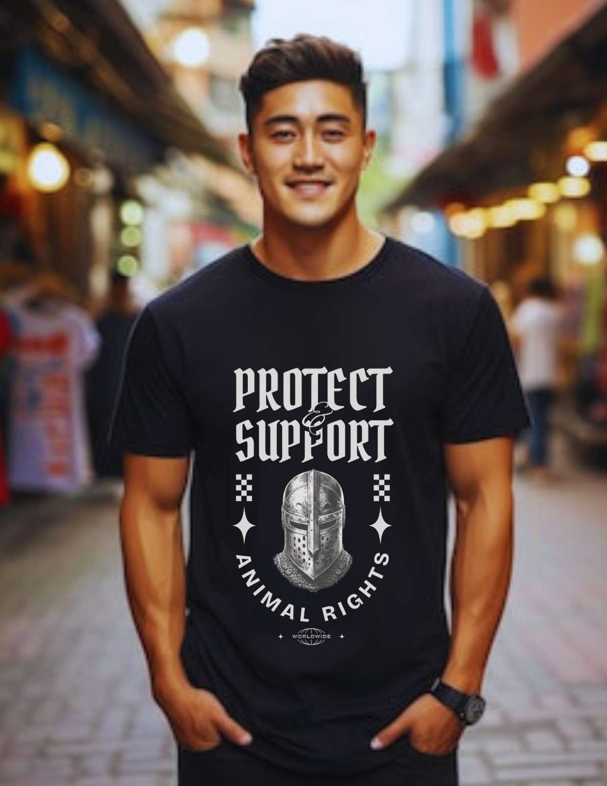 Protect & Support Animal Rights Men’s Cotton T-Shirt | Relaxed Fit Tee – Mens T-Shirt on Brown Living™. SKU: protect-support-animal-rights-Black-XS. Img 1.