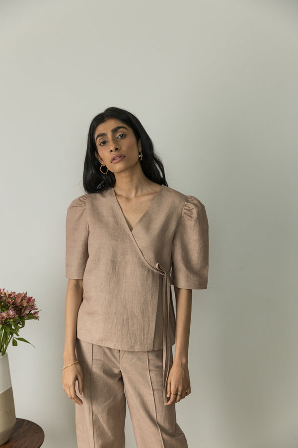 Puff Sleeve Wrap Hemp Cotton Top | Verified Sustainable Womens Top on Brown Living™