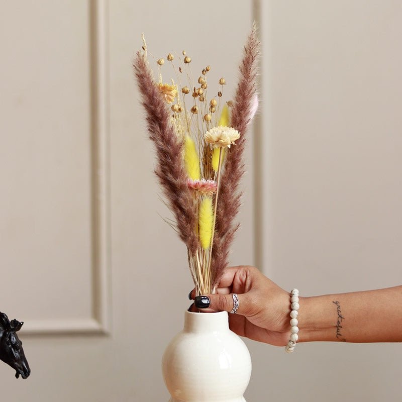 Pumpkin Ceramic Vase with Dried Aira Bunch | Verified Sustainable by Brown Living™