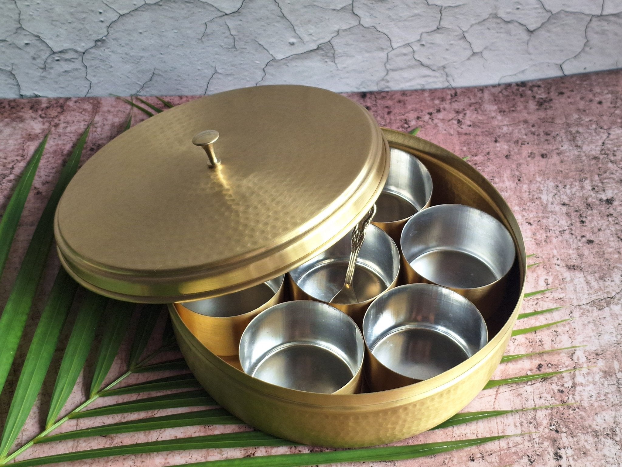 Pure Brass Masala Box (Matt Hammered Finish) | Traditional Spice Dabba – Kitchen Tools on Brown Living™. SKU: BMBMH. Img 3.