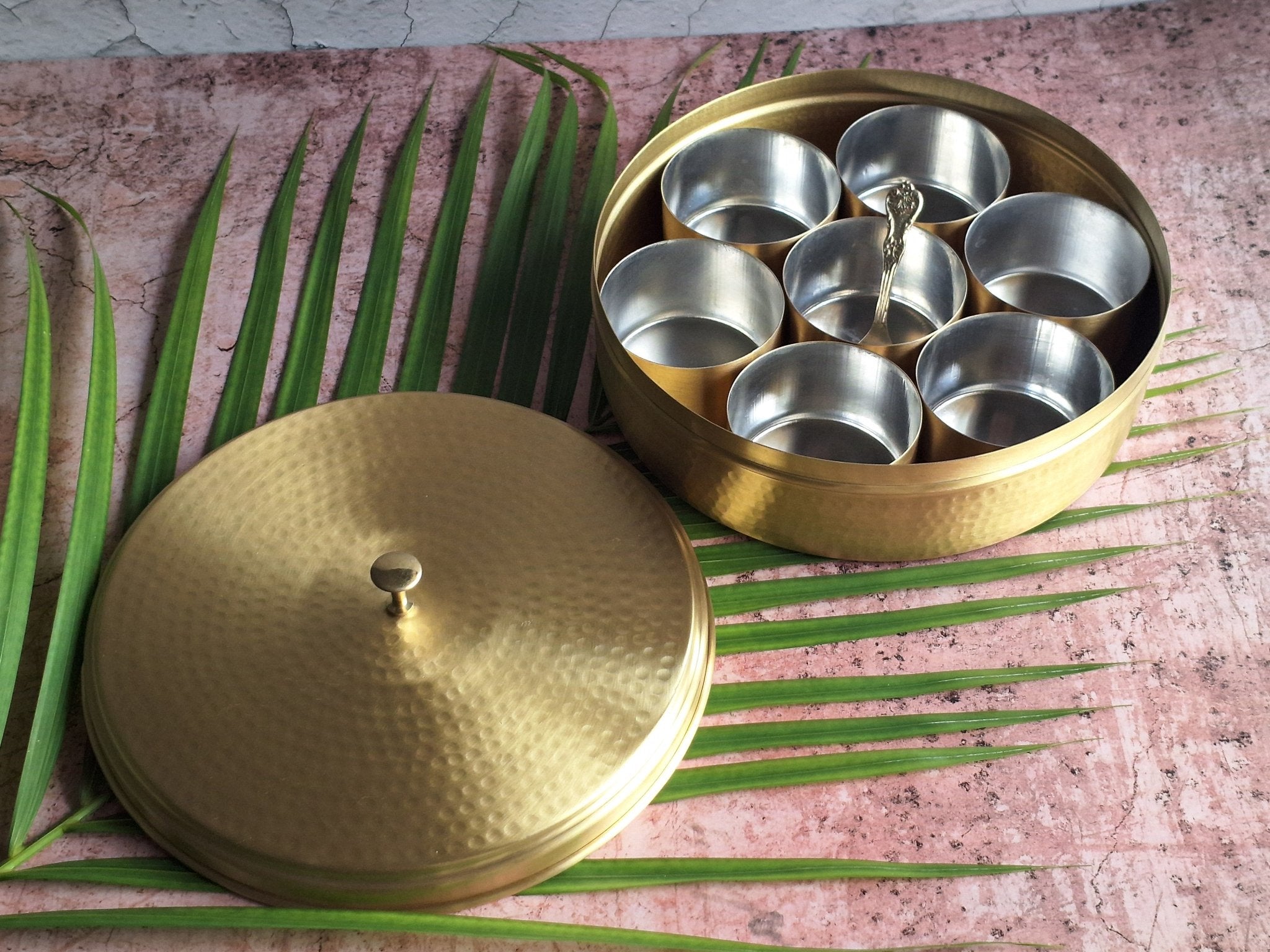 Pure Brass Masala Box (Matt Hammered Finish) | Traditional Spice Dabba – Kitchen Tools on Brown Living™. SKU: BMBMH. Img 4.