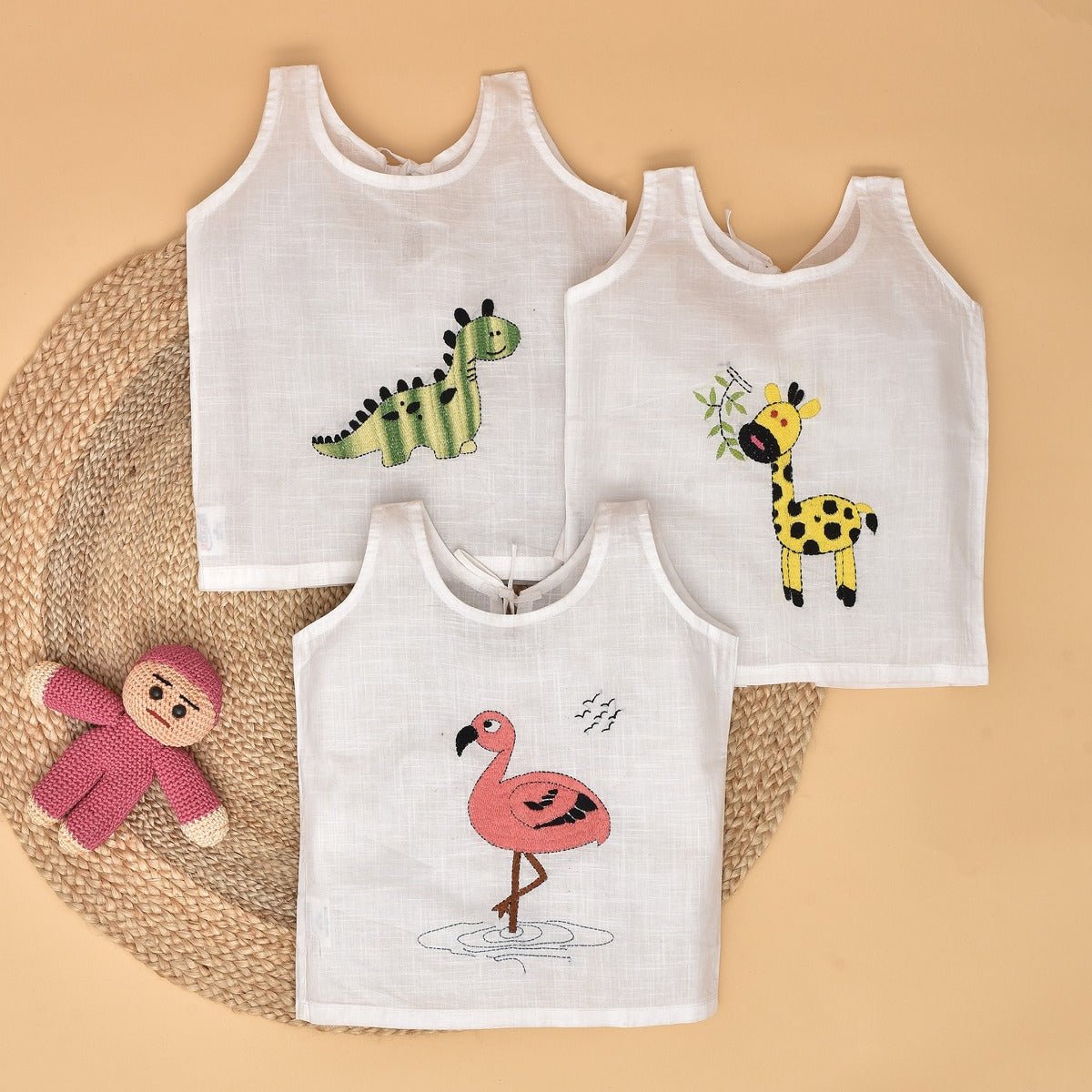 Pure Cotton Baby Jabla Combo Set – Animal Embroidery – Kids Daywear Sets by Stotra available on Brown Living™. S (0 - 3m) Tiny Safari. SKU: ST - TS - S. Img 2.